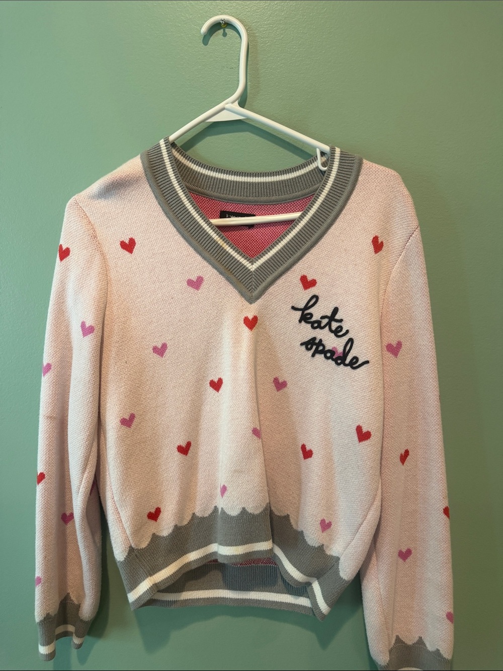 kate spade Pink Heart V-Neck Sweater with Gray Trim